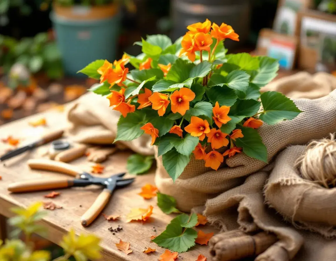 Begonia dragon przygotowana do zimowania z naturalnymi narzędziami ogrodniczymi na drewnianym stole w ciepłym świetle
