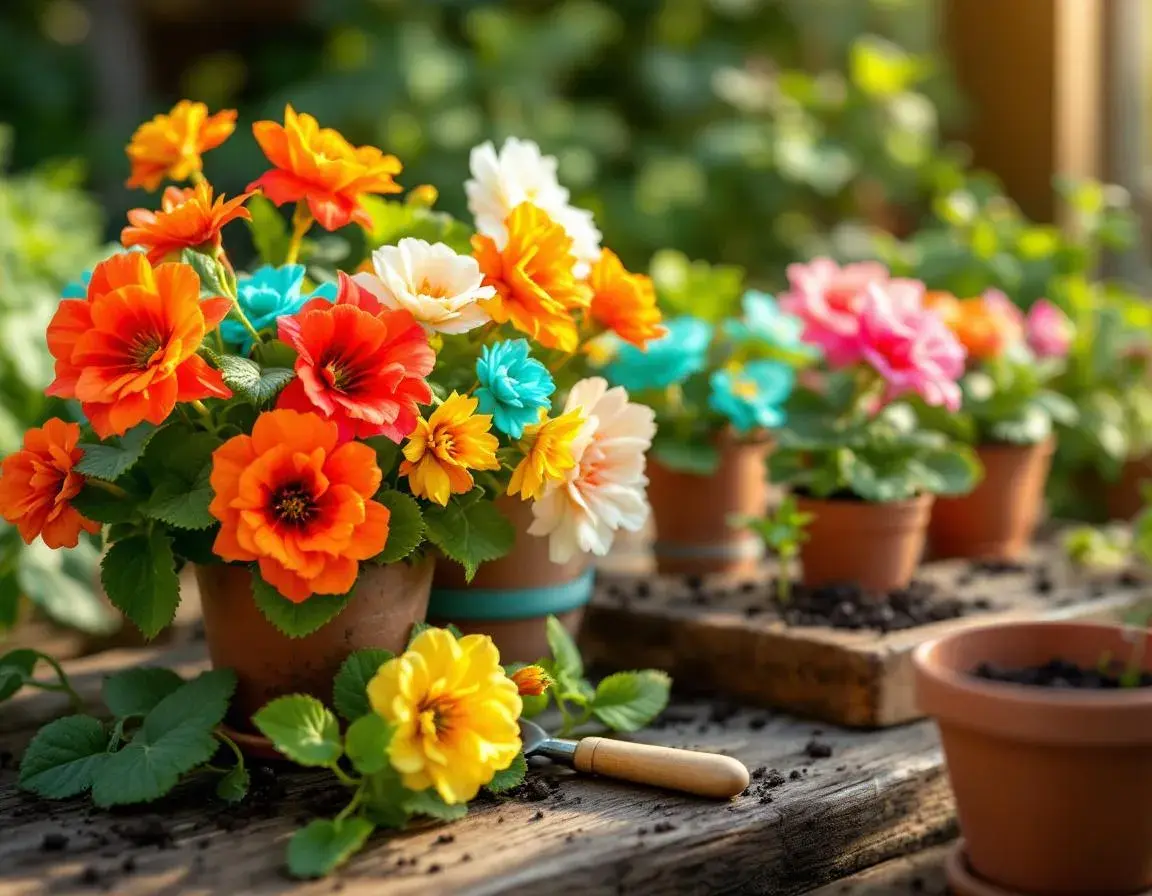 Kolorowe odmiany pelargonii w naturalnym ogrodzie z drewnianymi narzędziami i doniczkami