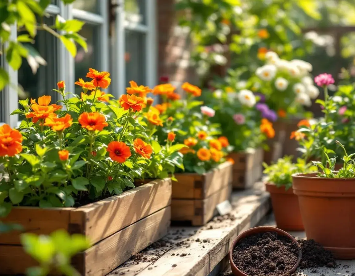Balkon z kwiatami balkonowymi w doniczkach i drewnianych skrzynkach o ciepłych pomarańczowych i zielonych barwach