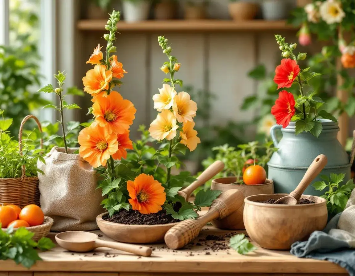 Kolorowe malwy w ogrodzie z drewnianymi narzędziami i naturalnym kompostem w tle