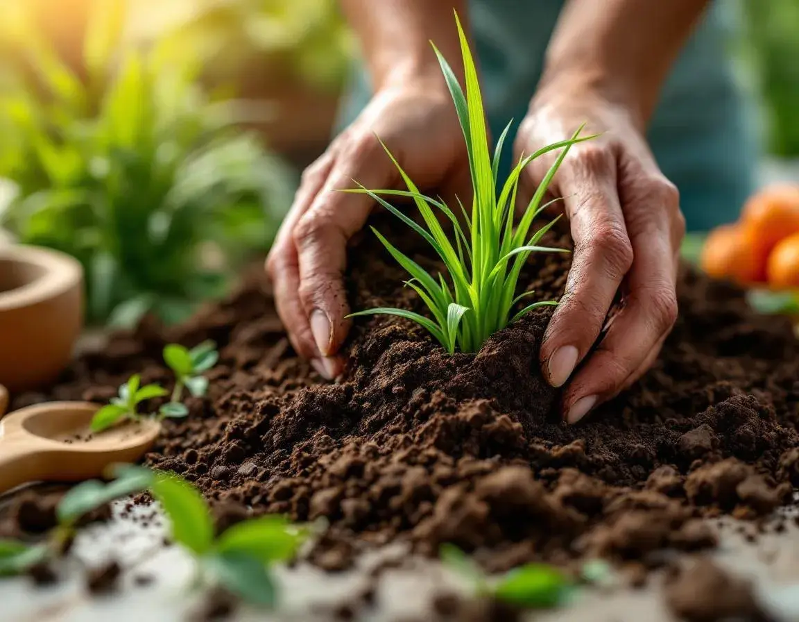 Ręce sadzące trawę pampasową w organicznej ziemi z naturalnymi narzędziami ogrodniczymi i nasionami
