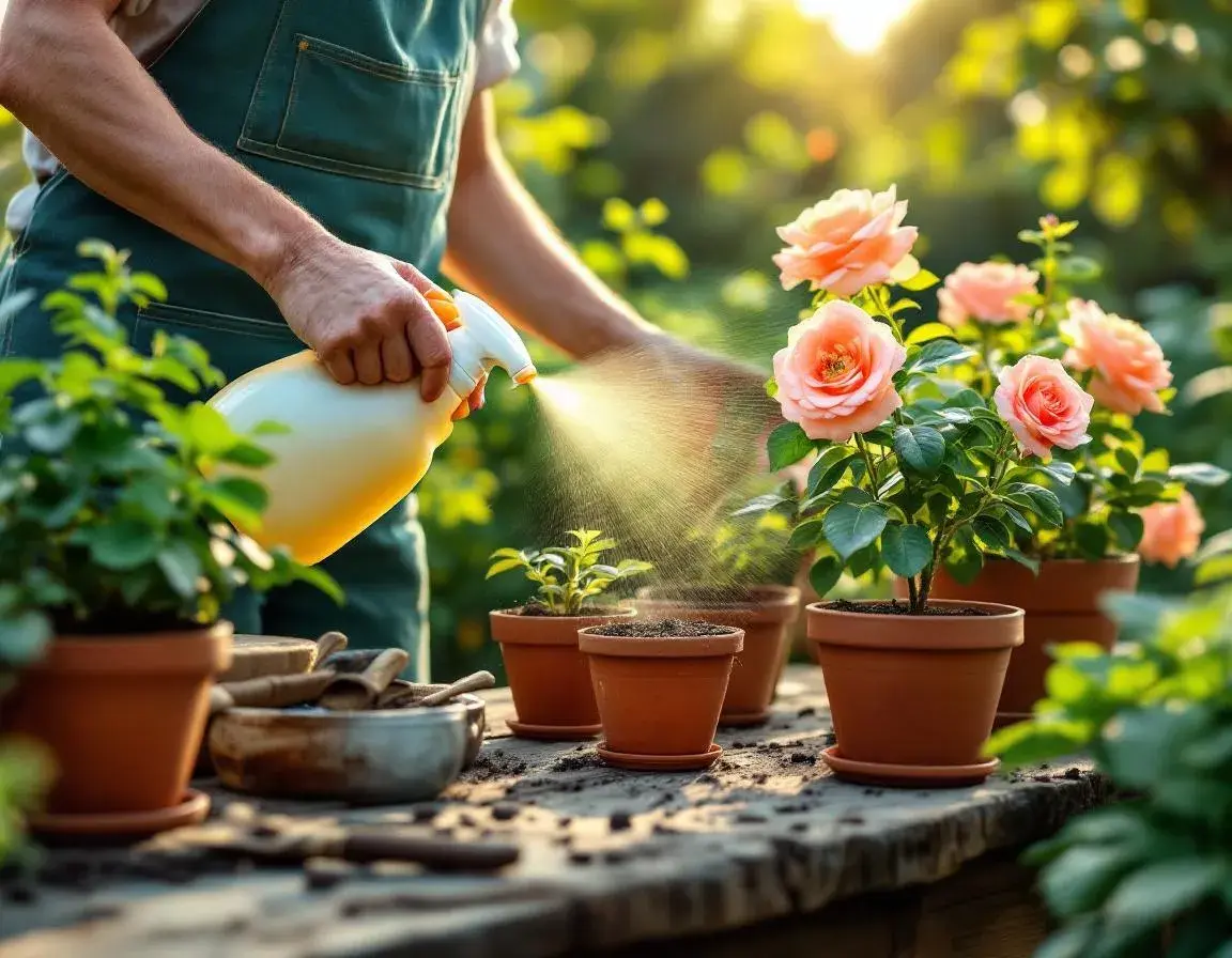Ogrodnik opryskujący róże naturalnym roztworem drożdży w rustykalnym ogrodzie z drewnianymi narzędziami