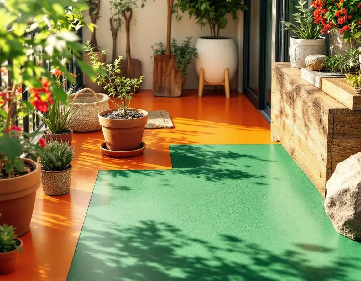 Balkon z posadzką żywiczną w ciepłych pomarańczowych i zielonych odcieniach z naturalnymi roślinami i drewnianymi narzędziami ogrodniczymi